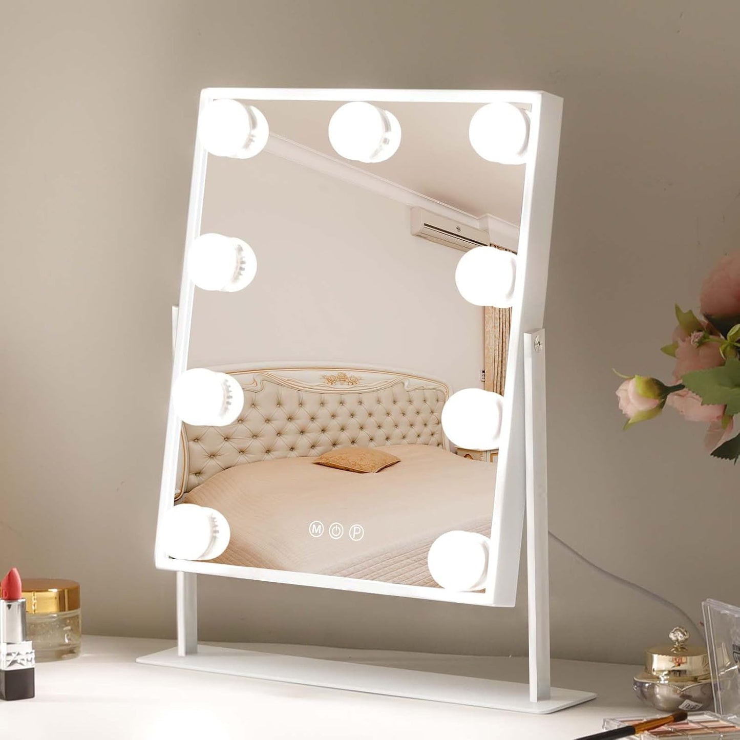 Hollywood Vanity Mirror with 9 Dimmable Bulbs, 3 Color Modes, and 10X Magnification - 360° Rotatable (White)