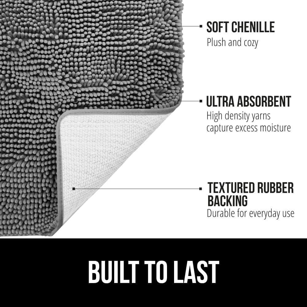Chenille Bath Mat with Rubber Backing, 51x76 cm, Quick-Dry and Machine Washable, Soft Absorbent Rug for Shower and Tub Floors, Grey Bathroom Accessory