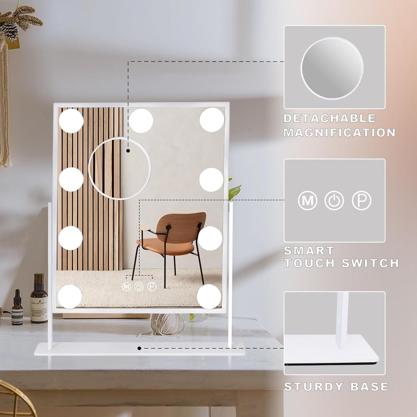 Hollywood Vanity Mirror with 9 Dimmable Bulbs, 3 Color Modes, and 10X Magnification - 360° Rotatable (White)