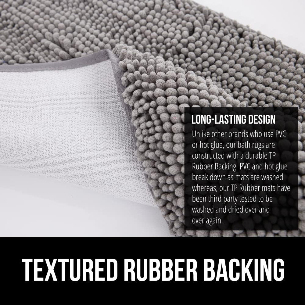 Chenille Bath Mat with Rubber Backing, 51x76 cm, Quick-Dry and Machine Washable, Soft Absorbent Rug for Shower and Tub Floors, Grey Bathroom Accessory