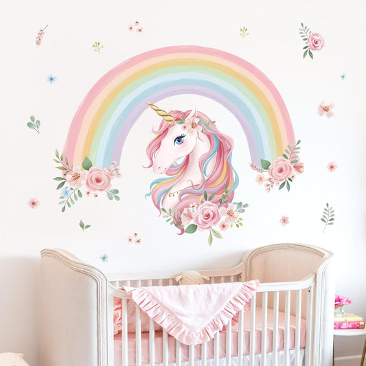 Enchanting Large Rainbow Unicorn Wall Decals - Peel and Stick Flower Art for Girls' Bedrooms, Kids' Rooms, and Nurseries