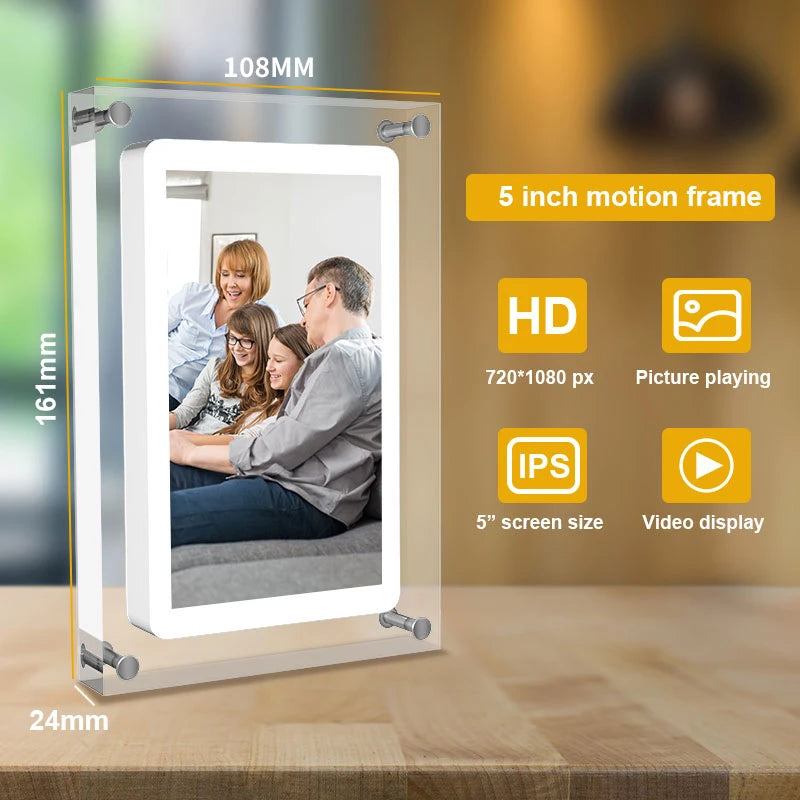 5-Inch Acrylic Digital Photo Frame with IPS Screen, 4G Memory, 1000mAh Battery, Volume Control & Speaker - Perfect Gift for Loved Ones!