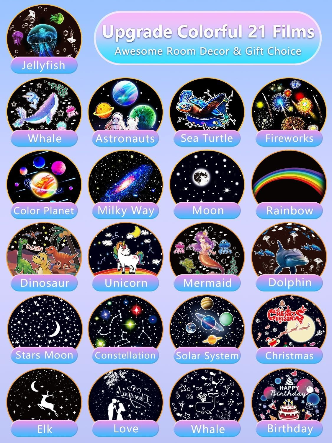 21 Magical Film Sets - 360° Star Galaxy Projector Night Light for Kids' Bedrooms, Perfect for Birthdays, Christmas, and Nursery Decor