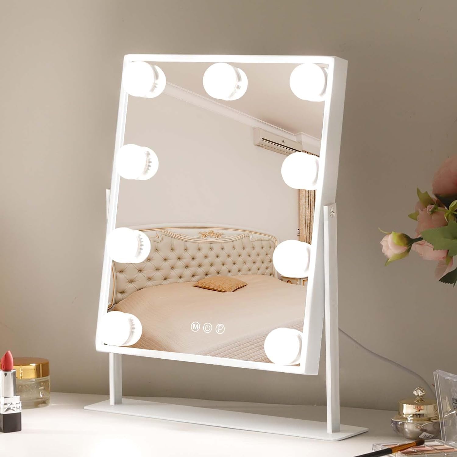 Hollywood Vanity Mirror with 9 Dimmable Bulbs, 3 Color Modes, and 10X Magnification - 360° Rotatable (White)