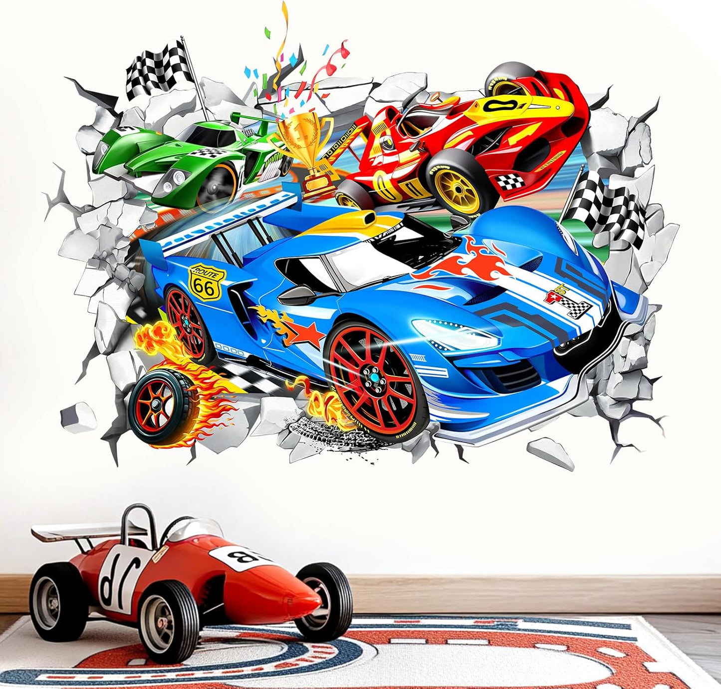 Transform Your Space with Large 3D Racing Car Wall Stickers - Perfect for Boys' Rooms and Playrooms!