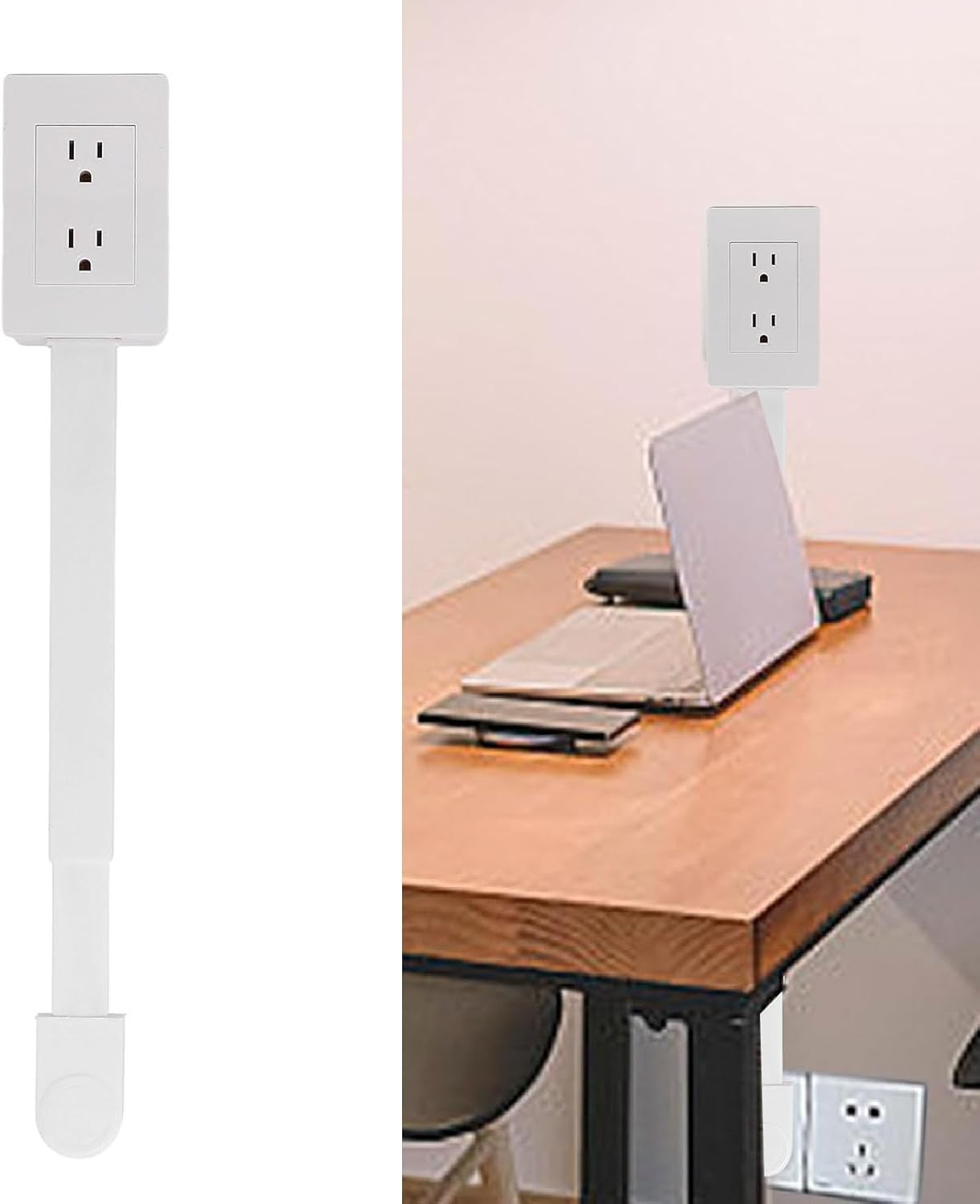 Versatile Power Socket Expander - 22-34 Inch Adjustable Reach, 180° Rotatable Design for Easy Access Behind Furniture - Dual 3-Prong Outlet Extender for Home and Office Use