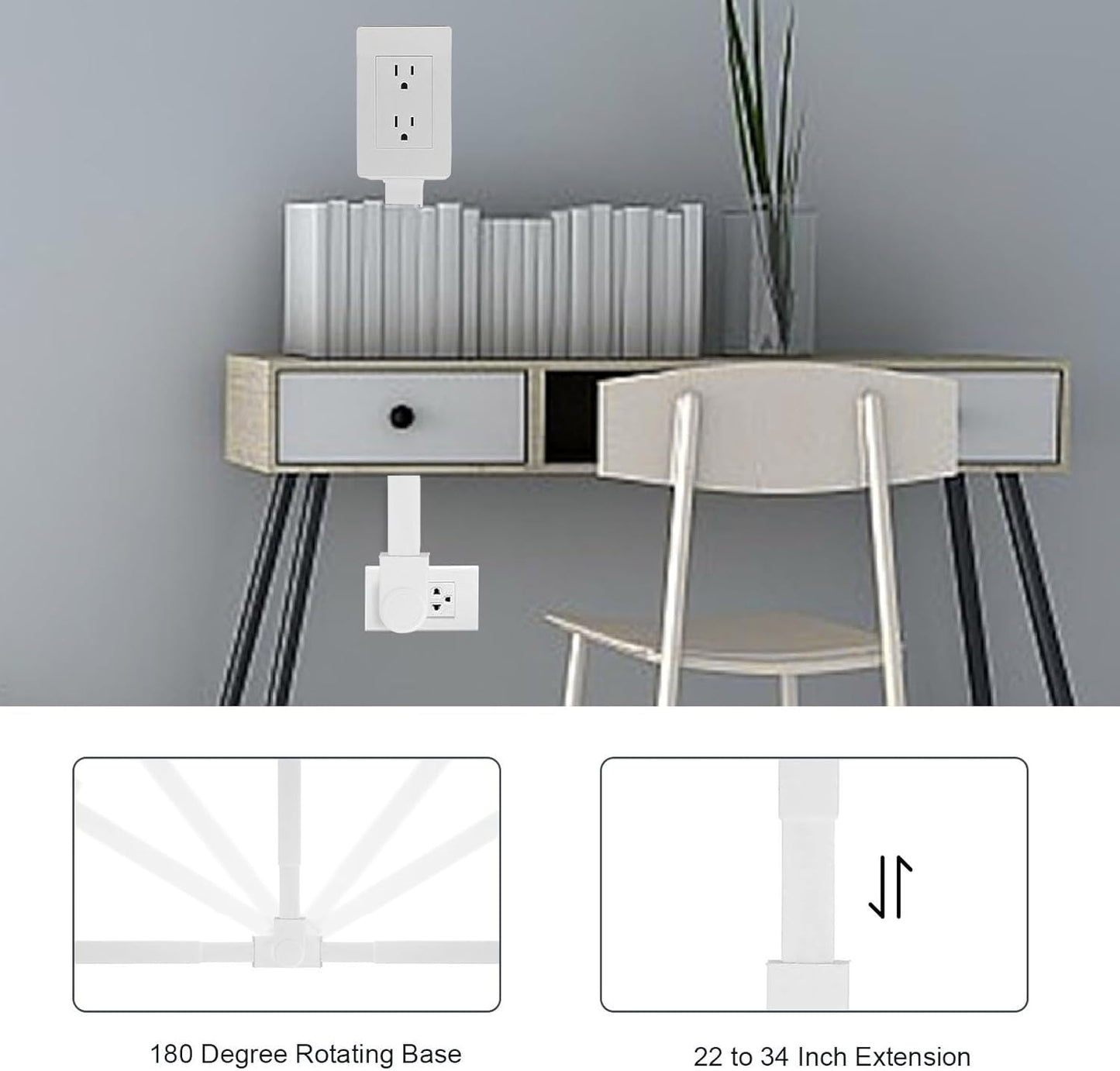 Versatile Power Socket Expander - 22-34 Inch Adjustable Reach, 180° Rotatable Design for Easy Access Behind Furniture - Dual 3-Prong Outlet Extender for Home and Office Use