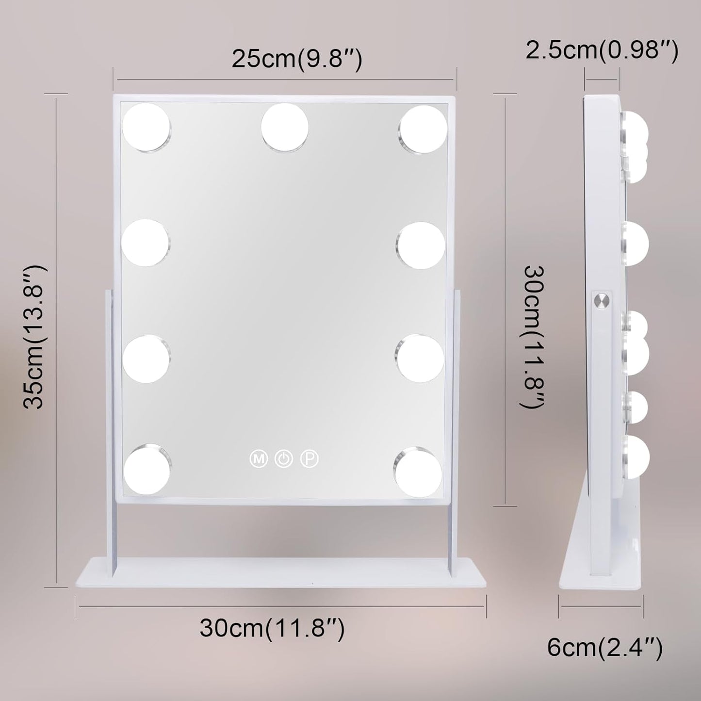 Hollywood Vanity Mirror with 9 Dimmable Bulbs, 3 Color Modes, and 10X Magnification - 360° Rotatable (White)
