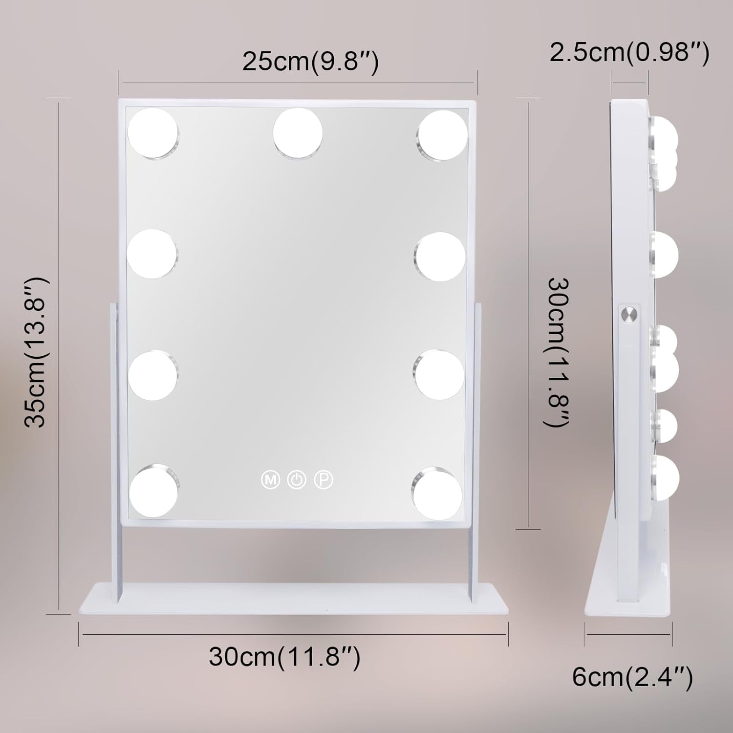 Hollywood Vanity Mirror with 9 Dimmable Bulbs, 3 Color Modes, and 10X Magnification - 360° Rotatable (White)