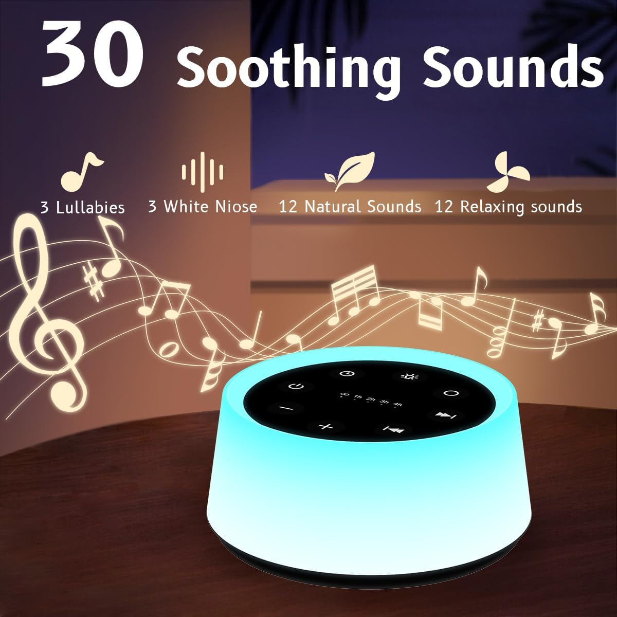 Soothing Sound Machine & Night Light: 30 Relaxing Sounds, 12 Color Options, Memory Function for Peaceful Sleep