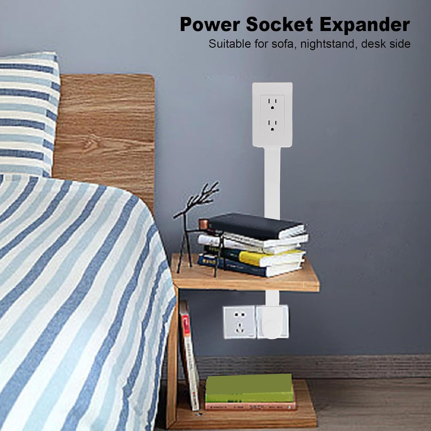 Versatile Power Socket Expander - 22-34 Inch Adjustable Reach, 180° Rotatable Design for Easy Access Behind Furniture - Dual 3-Prong Outlet Extender for Home and Office Use