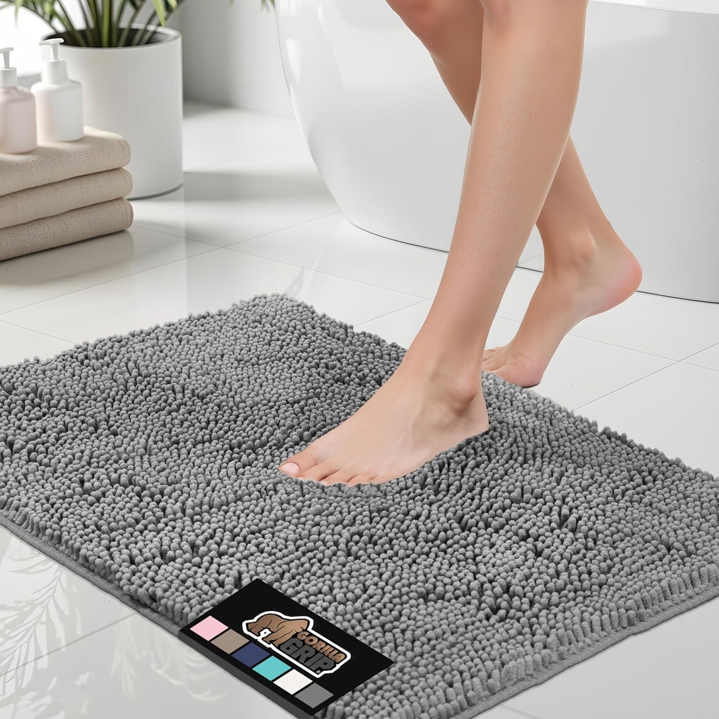 Chenille Bath Mat with Rubber Backing, 51x76 cm, Quick-Dry and Machine Washable, Soft Absorbent Rug for Shower and Tub Floors, Grey Bathroom Accessory