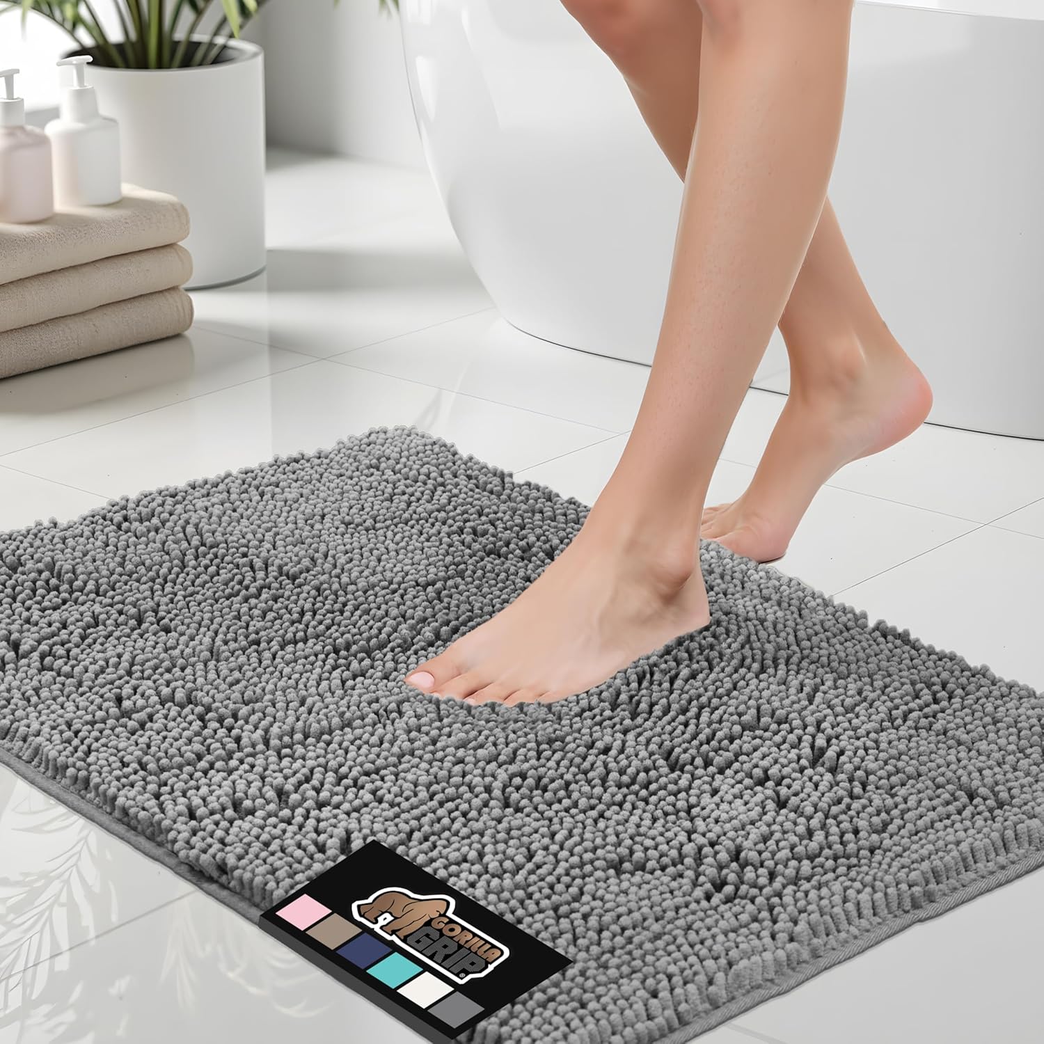 Chenille Bath Mat with Rubber Backing, 51x76 cm, Quick-Dry and Machine Washable, Soft Absorbent Rug for Shower and Tub Floors, Grey Bathroom Accessory