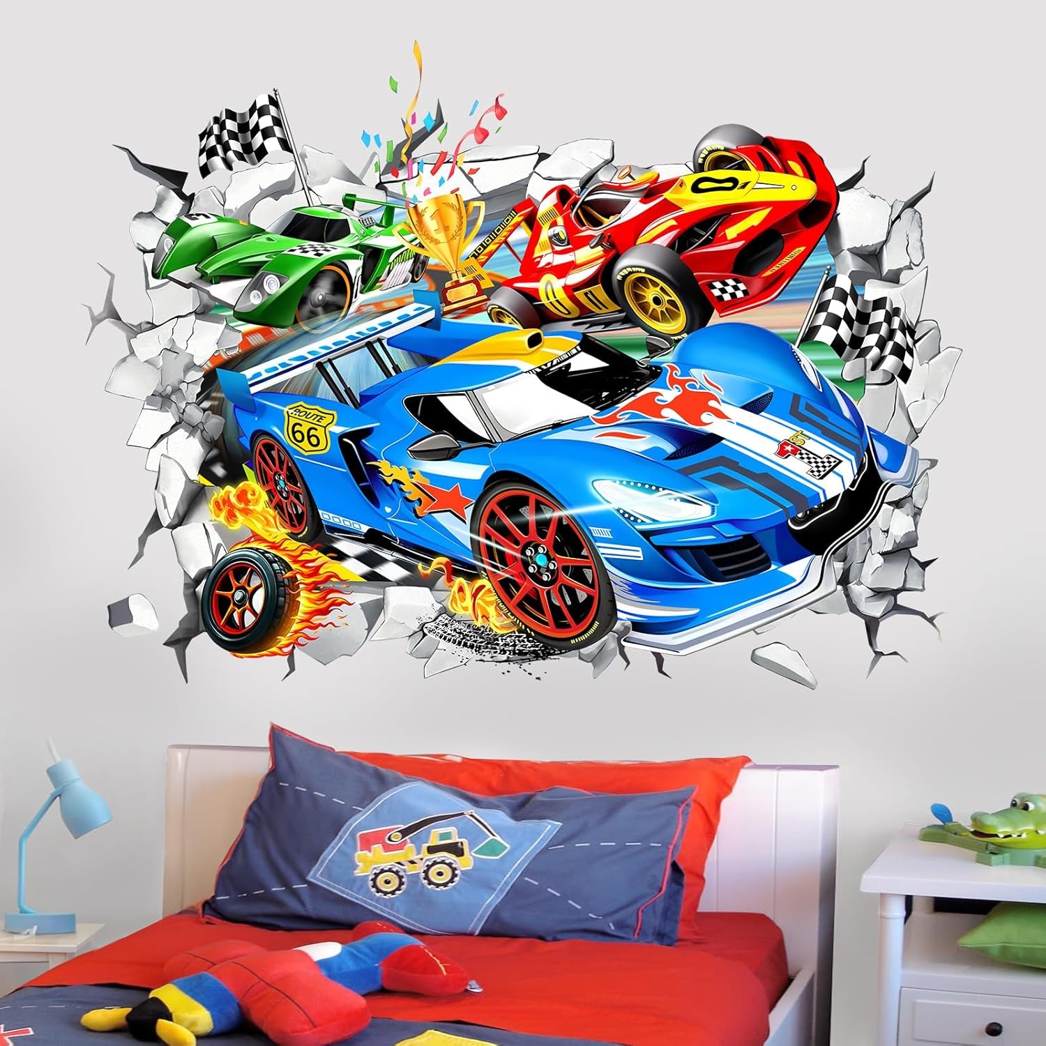 Transform Your Space with Large 3D Racing Car Wall Stickers - Perfect for Boys' Rooms and Playrooms!