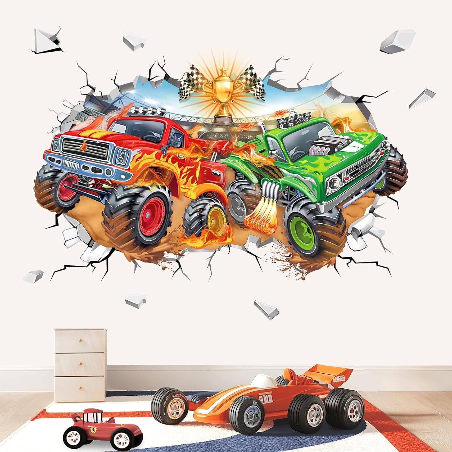 Epic 3D Racing Car Wall Stickers - Peel and Stick Decals for Boys' Rooms, Kids' Bedrooms, and Playrooms
