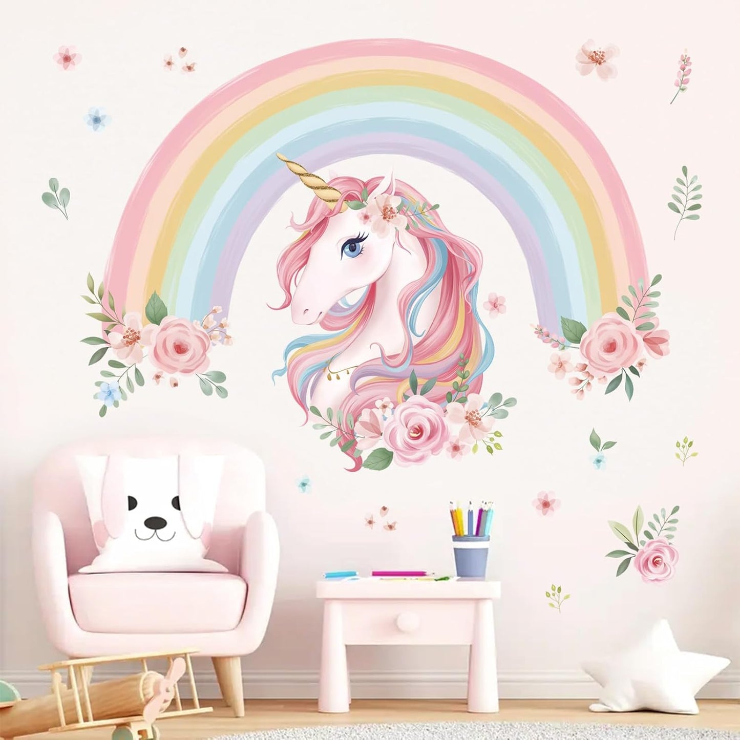 Enchanting Large Rainbow Unicorn Wall Decals - Peel and Stick Flower Art for Girls' Bedrooms, Kids' Rooms, and Nurseries
