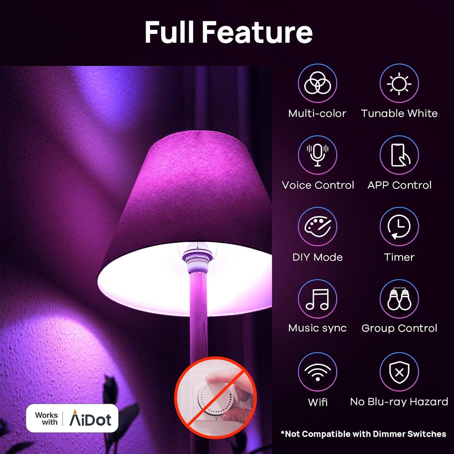 Smart Matter LED Light Bulbs - 4 Pack, Color Changing A19 E26, Works with Apple Home, Alexa, Google Home, Music Sync, 800LM, 2.4GHz WiFi