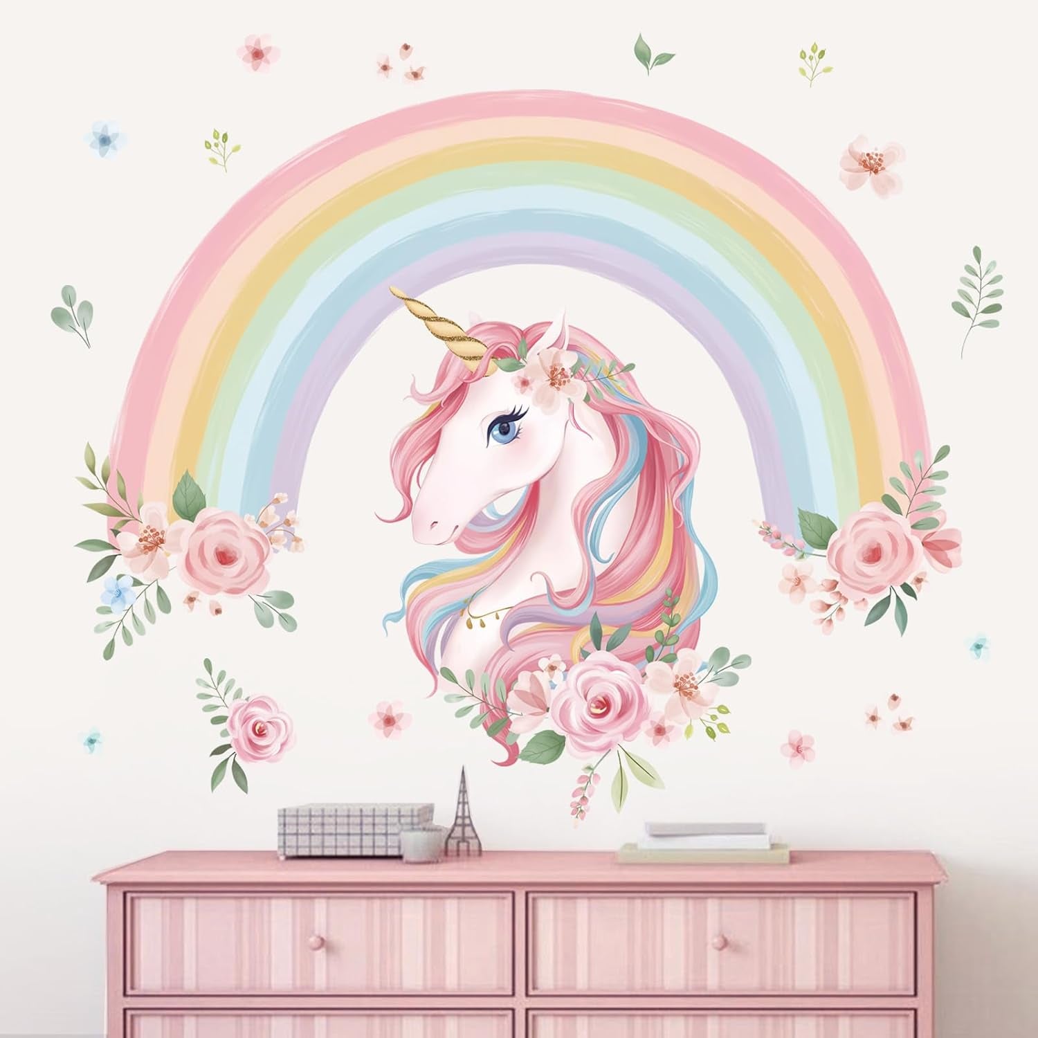 Enchanting Large Rainbow Unicorn Wall Decals - Peel and Stick Flower Art for Girls' Bedrooms, Kids' Rooms, and Nurseries