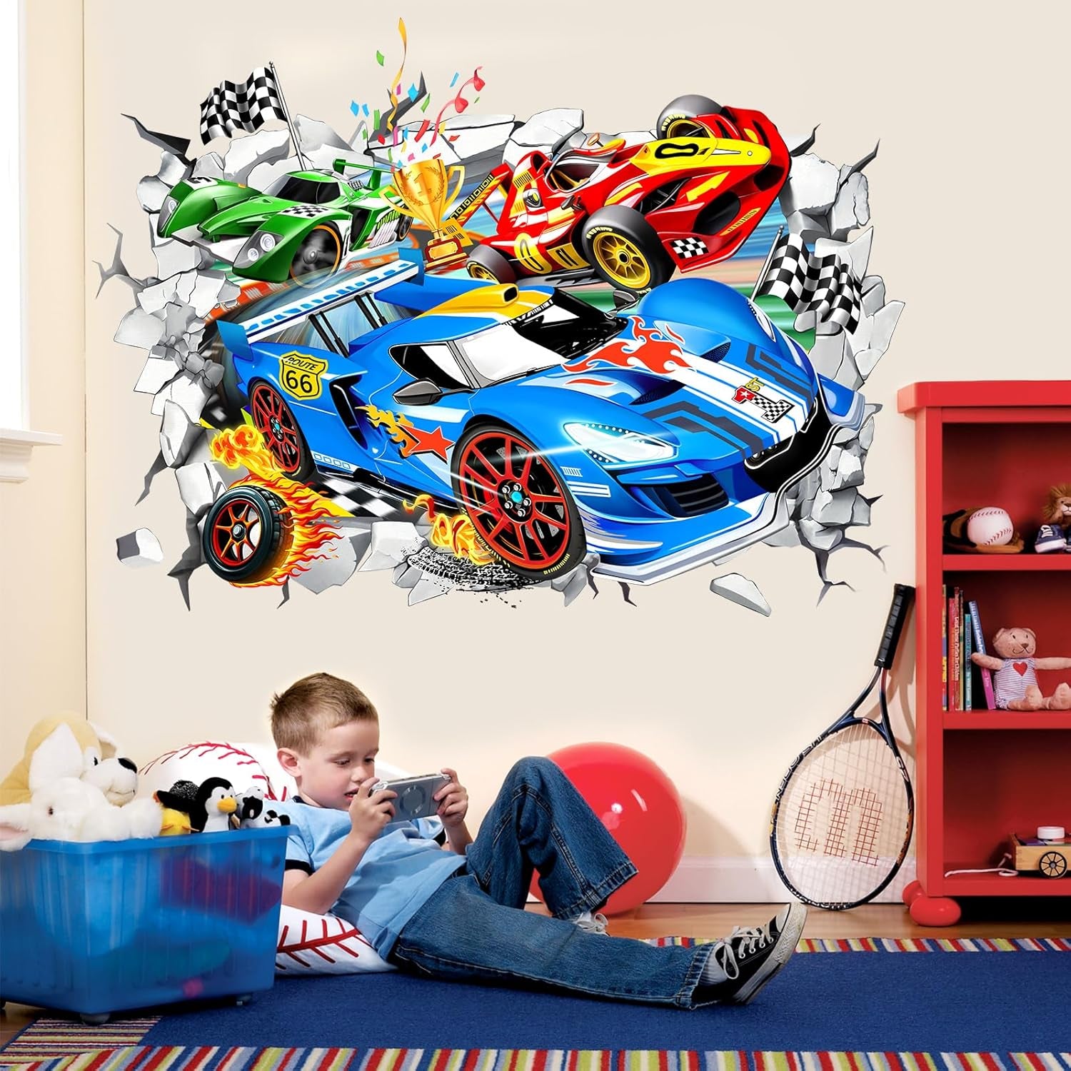 Transform Your Space with Large 3D Racing Car Wall Stickers - Perfect for Boys' Rooms and Playrooms!