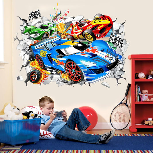 Transform Your Space with Large 3D Racing Car Wall Stickers - Perfect for Boys' Rooms and Playrooms!