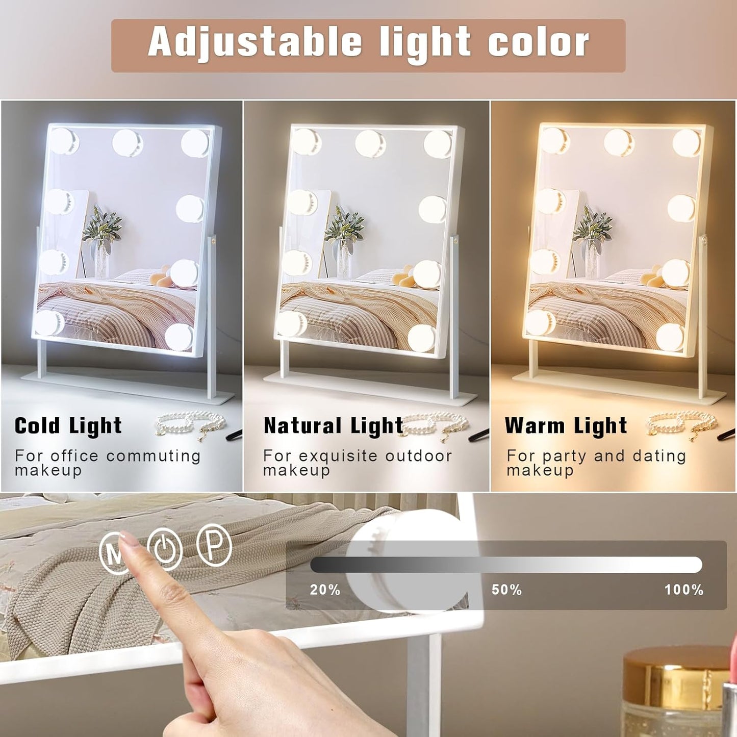 Hollywood Vanity Mirror with 9 Dimmable Bulbs, 3 Color Modes, and 10X Magnification - 360° Rotatable (White)
