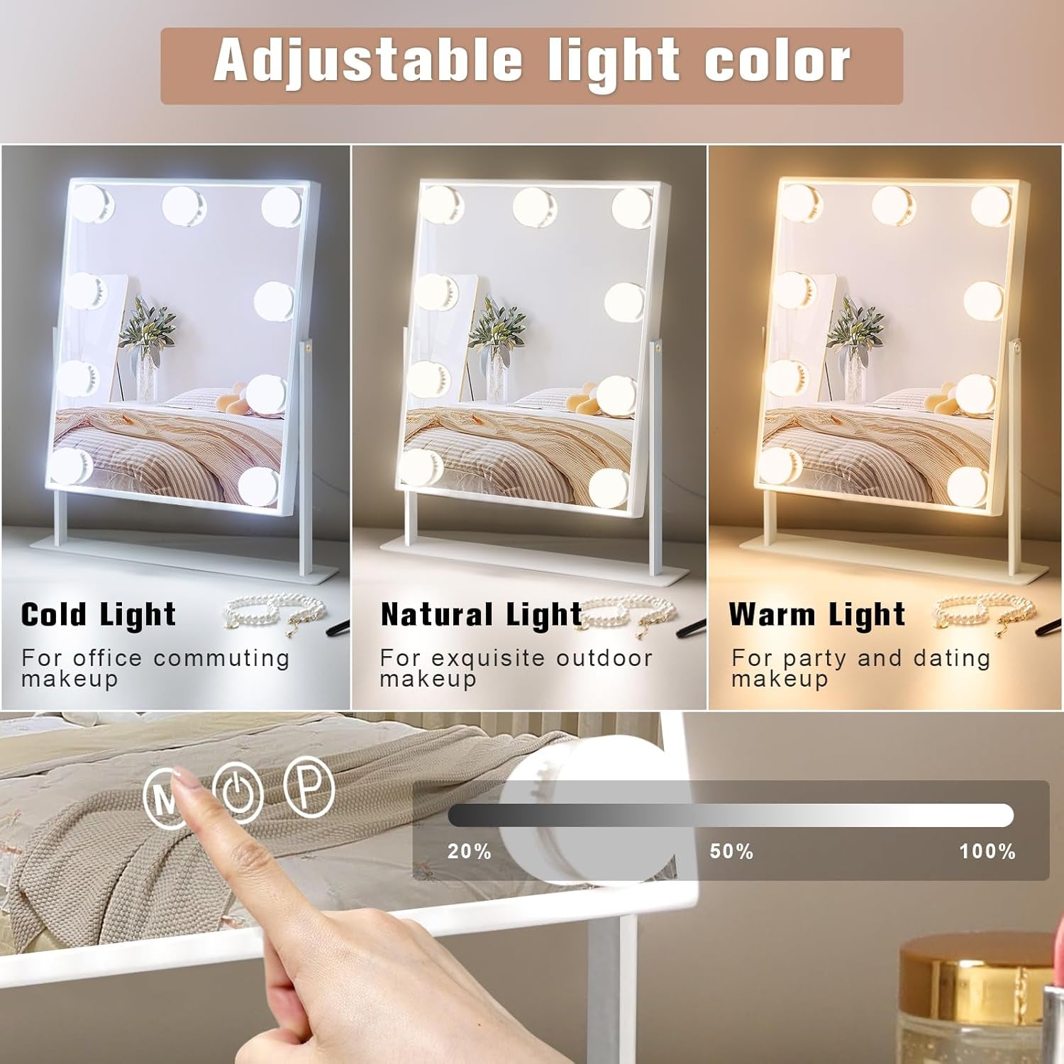Hollywood Vanity Mirror with 9 Dimmable Bulbs, 3 Color Modes, and 10X Magnification - 360° Rotatable (White)