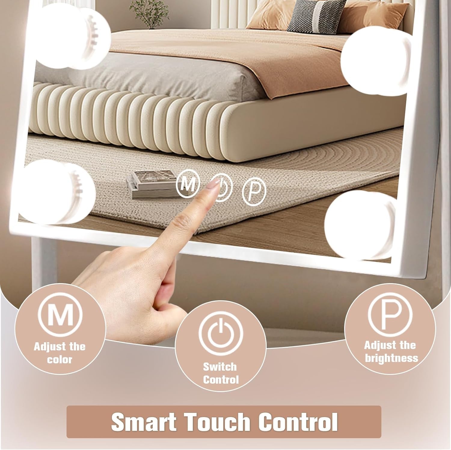 Hollywood Vanity Mirror with 9 Dimmable Bulbs, 3 Color Modes, and 10X Magnification - 360° Rotatable (White)