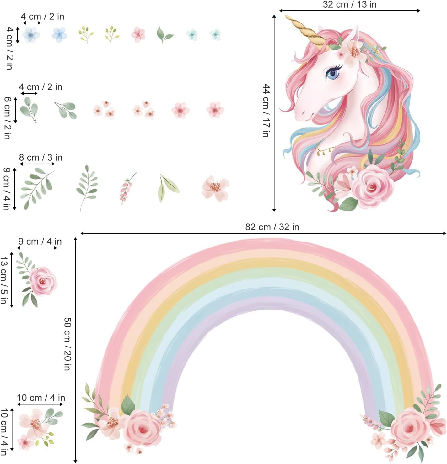 Enchanting Large Rainbow Unicorn Wall Decals - Peel and Stick Flower Art for Girls' Bedrooms, Kids' Rooms, and Nurseries