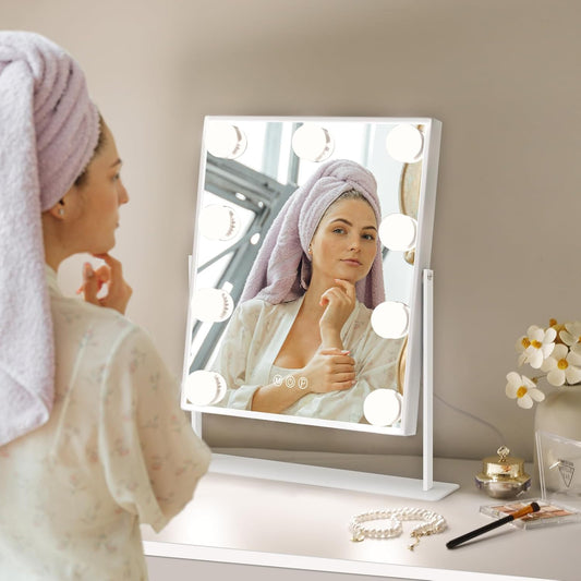Hollywood Vanity Mirror with 9 Dimmable Bulbs, 3 Color Modes, and 10X Magnification - 360° Rotatable (White)
