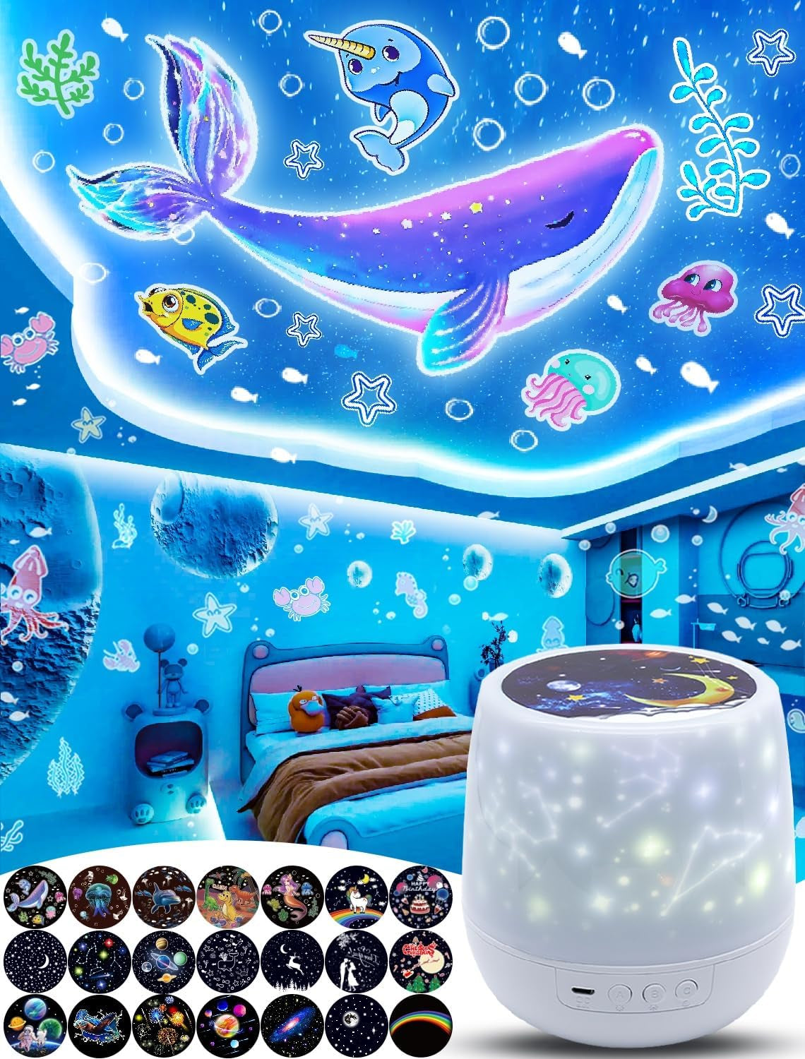 21 Magical Film Sets - 360° Star Galaxy Projector Night Light for Kids' Bedrooms, Perfect for Birthdays, Christmas, and Nursery Decor