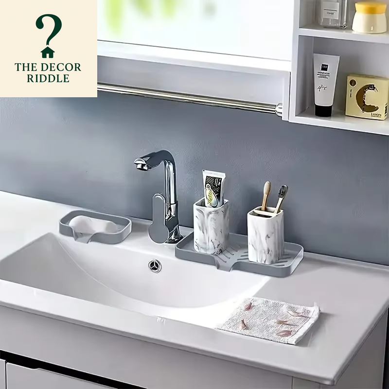 Silicone Faucet Mat for Kitchen Sink – Sink Splash Guard Tray, Soap Dispenser Holder, Sponge Drain Pad, Drying Mat & Countertop Organizer